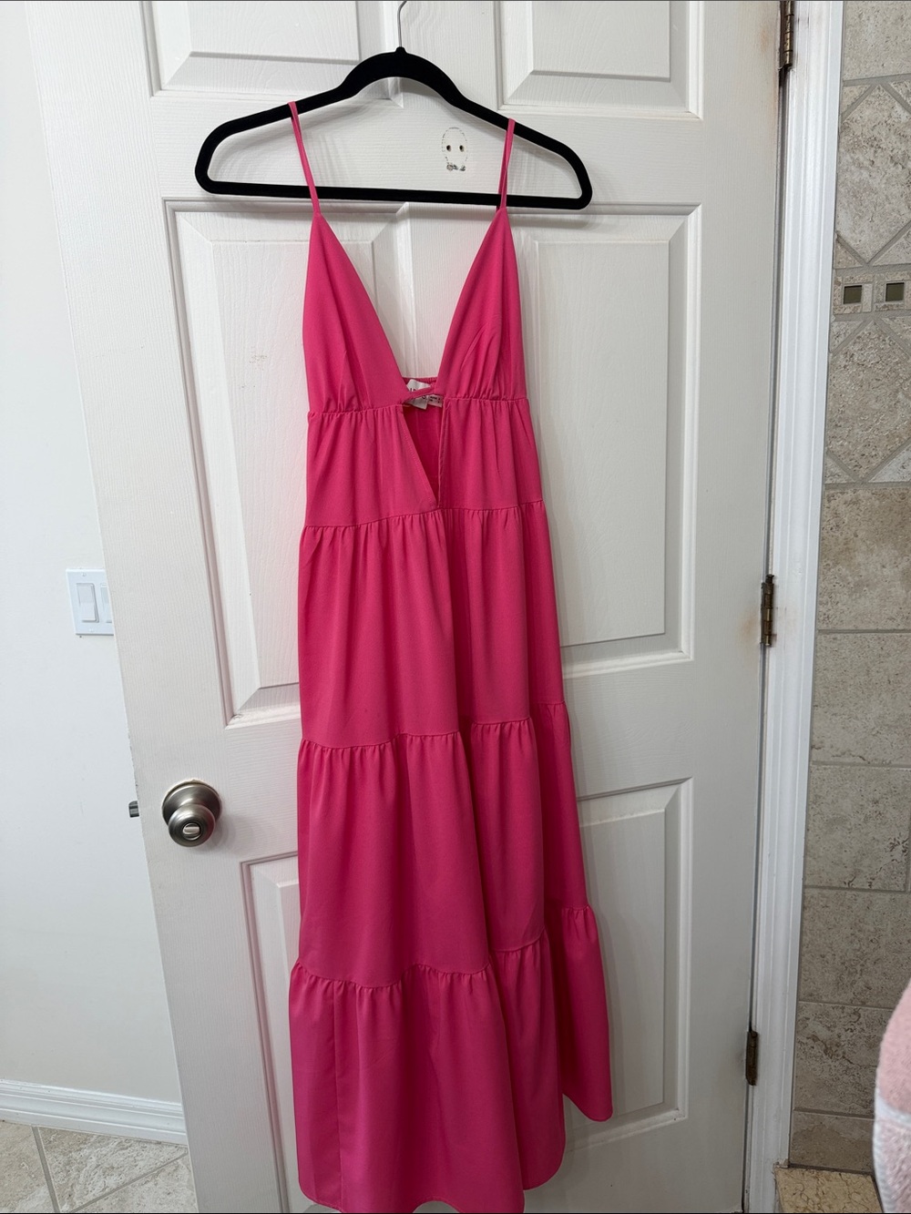 Women's Pink Tiered Maxi Dress - Deep V Sundress